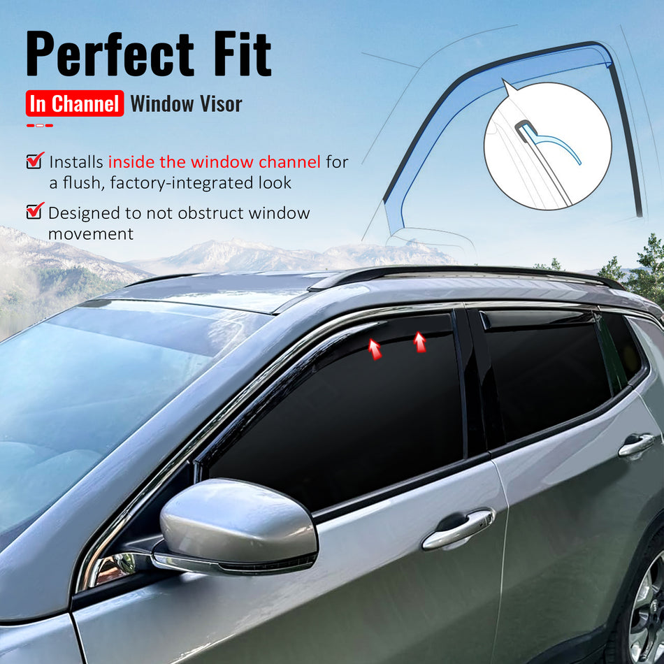 IKON MOTORSPORTS In Channel Window Visors Compatible with 2017-2026 Jeep Compass MP Models Only (Not Fit MK Models), In Channel Style Injection PC Black Rain Guards, Side Window Wind Deflectors 4PCS