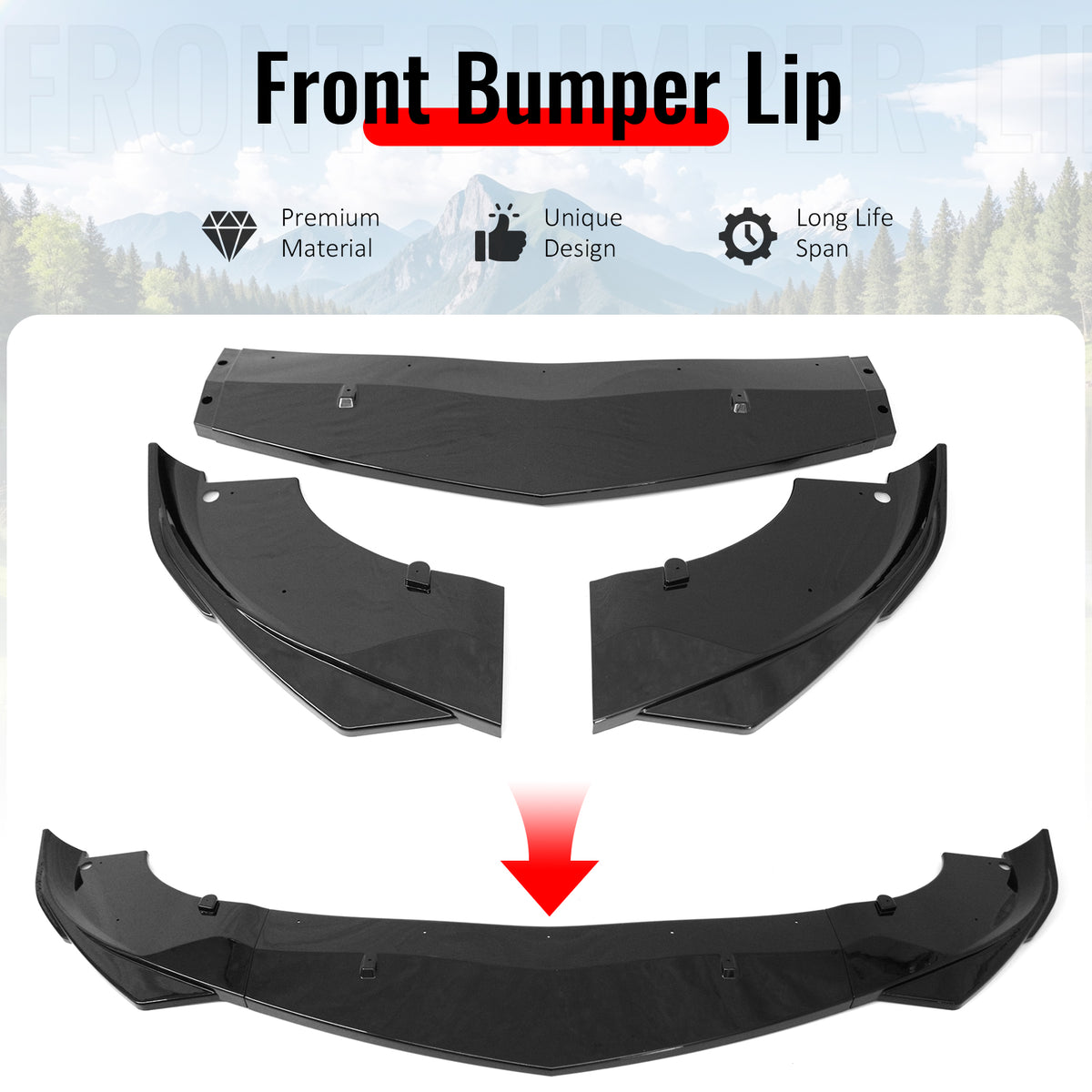 Fits 17-26 Alfa Romeo Giulia Sport Line IKON Front Bumper Lip 3PCS Gloss Black