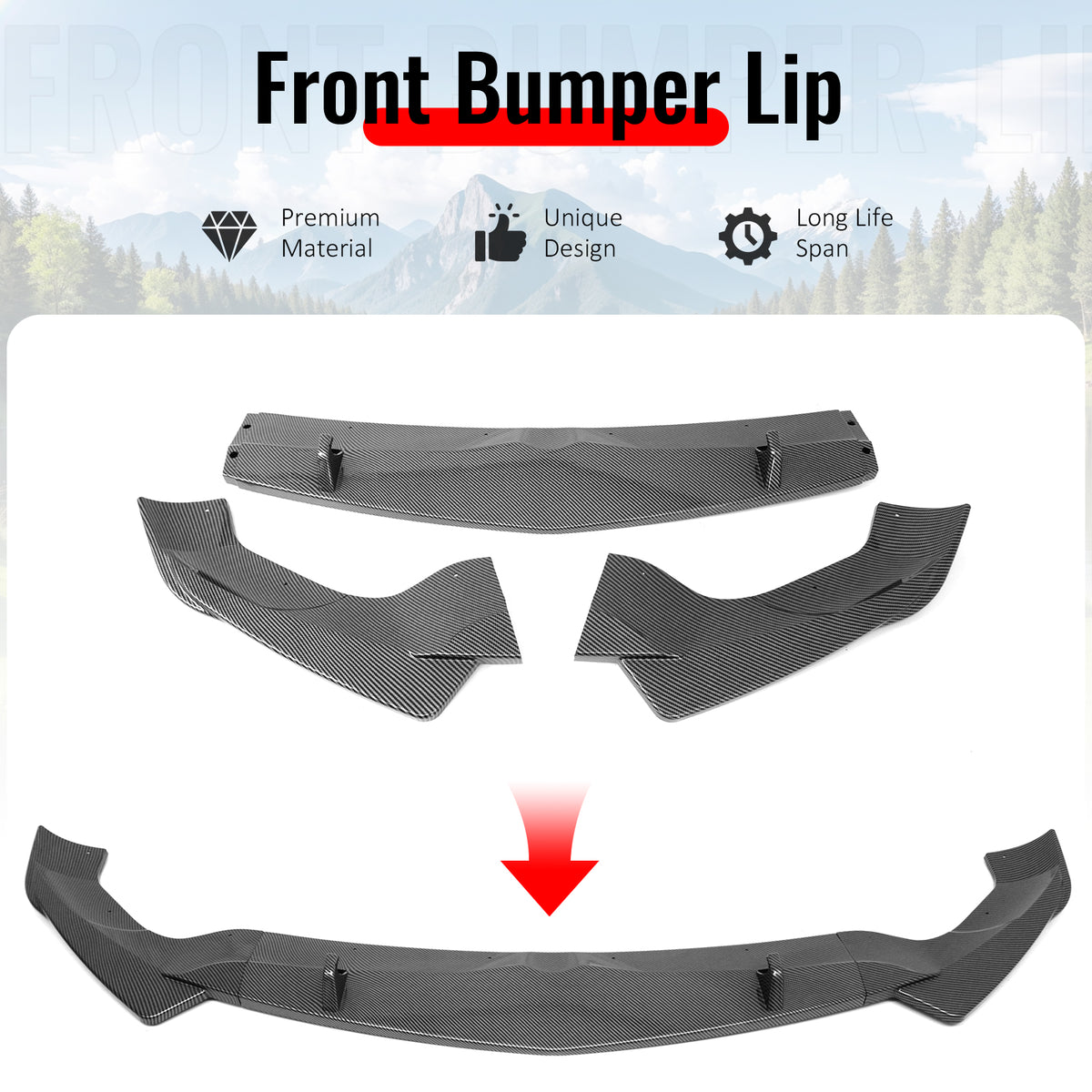 Fits 17-26 Alfa Romeo Stelvio IKON Style Front Bumper Lip Carbon Fiber Print 3PC