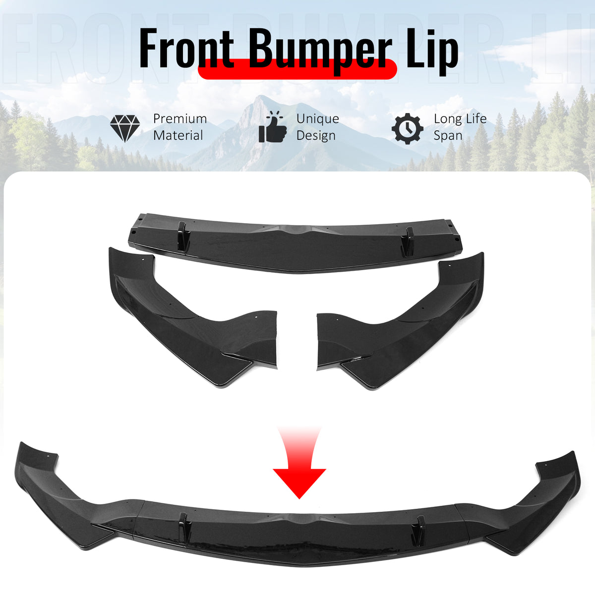 Fits 17-26 Alfa Romeo Stelvio IKON Style Front Bumper Lip Gloss Black ABS 3PCS