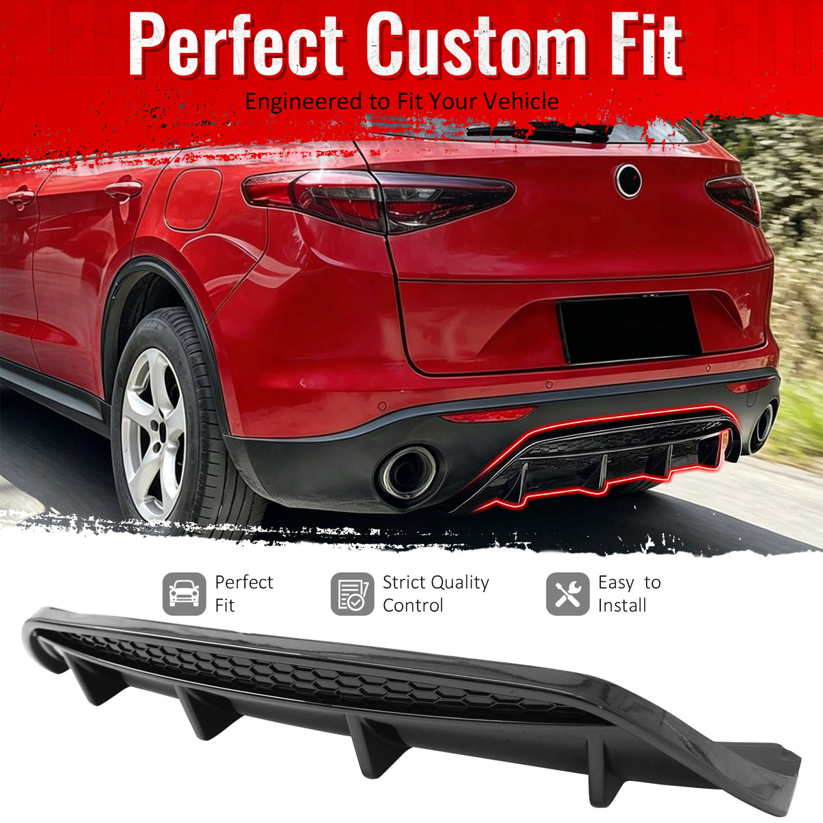 IKON MOTORSPORTS Rear Diffuser, Compatible with 2017-2026 Alfa Romeo Stelvio, V Style Gloss Black ABS Shark Fin Rear Bumper Valance Spoiler, Air Dam Chin Splitter Molding 1PC
