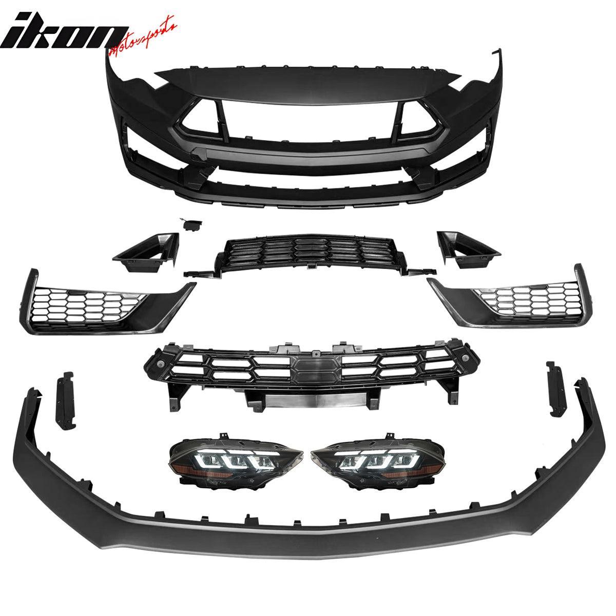 IKON MOTORSPORTS Front Bumper Covers, Compatible with 2018-2023 Ford Mustang EcoBoost GT, 2024+ Dark Horse Unpainted PP Replacement Bumper Conversion Bodykit With Switchback Headlights Lamp