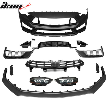 IKON MOTORSPORTS Front Bumper Covers, Compatible with 2018-2023 Ford Mustang EcoBoost GT, 2024+ Dark Horse Unpainted PP Replacement Bumper Conversion Bodykit With Switchback Headlights Lamp