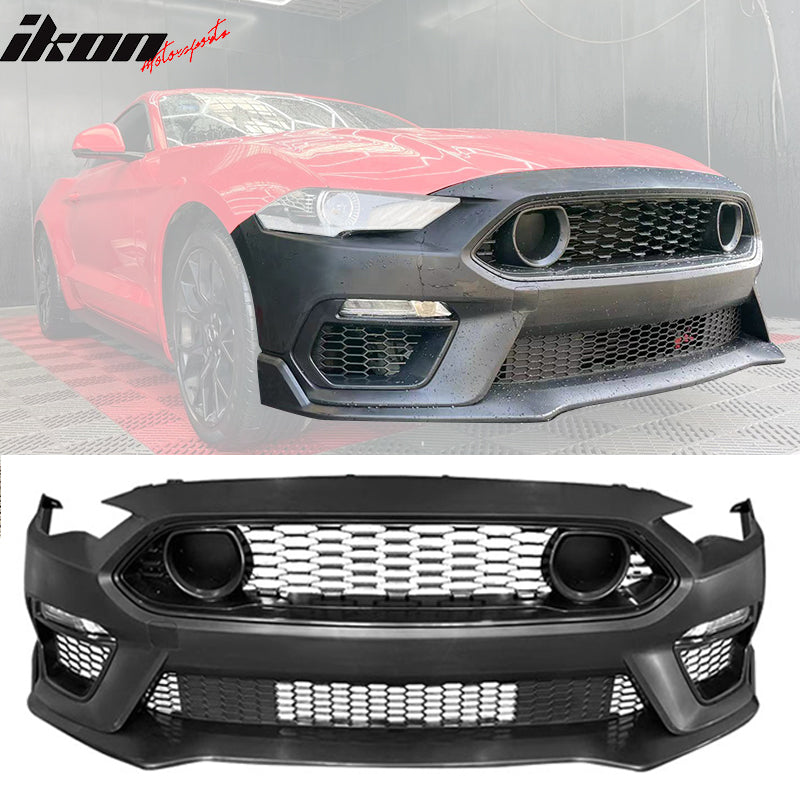 IKON MOTORSPORTS, Front Bumper Cover Compatible With 2018-2023 Ford Mustang, Unpainted Black PP 2021 Mach 1 Style Bumper Conversion Replacement Full Kit 2024 Style LED Headlights
