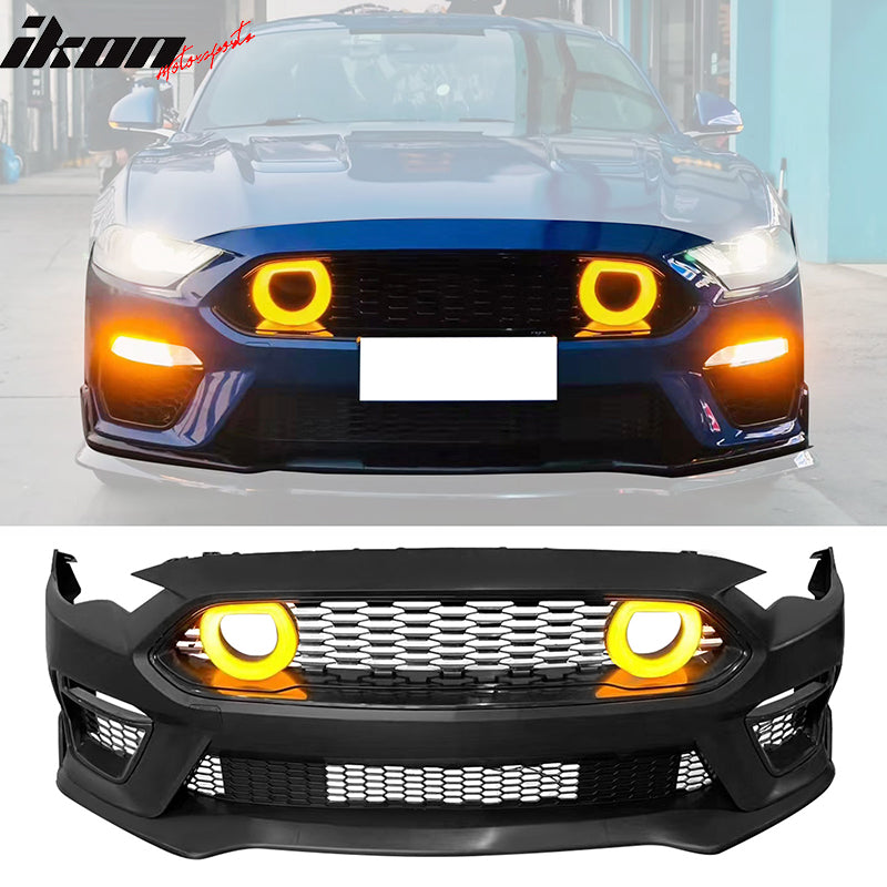 IKON MOTORSPORTS, Front Bumper Cover Compatible With 2018-2023 Ford Mustang, Unpainted Black PP 2021 Mach 1 Style Bumper Conversion Replacement With Light Grille 2024 LED Headlights
