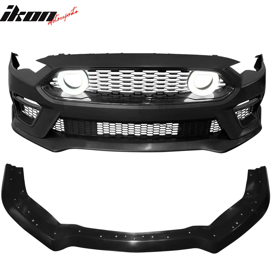 IKON MOTORSPORTS Front Bumper Covers, Compatible with 2018-2023 Ford Mustang, 2021 Mach-1 Style Unpainted PP Front Bumper Conversion Replacement Handling Package Lip & Grille & Fog Light Cover