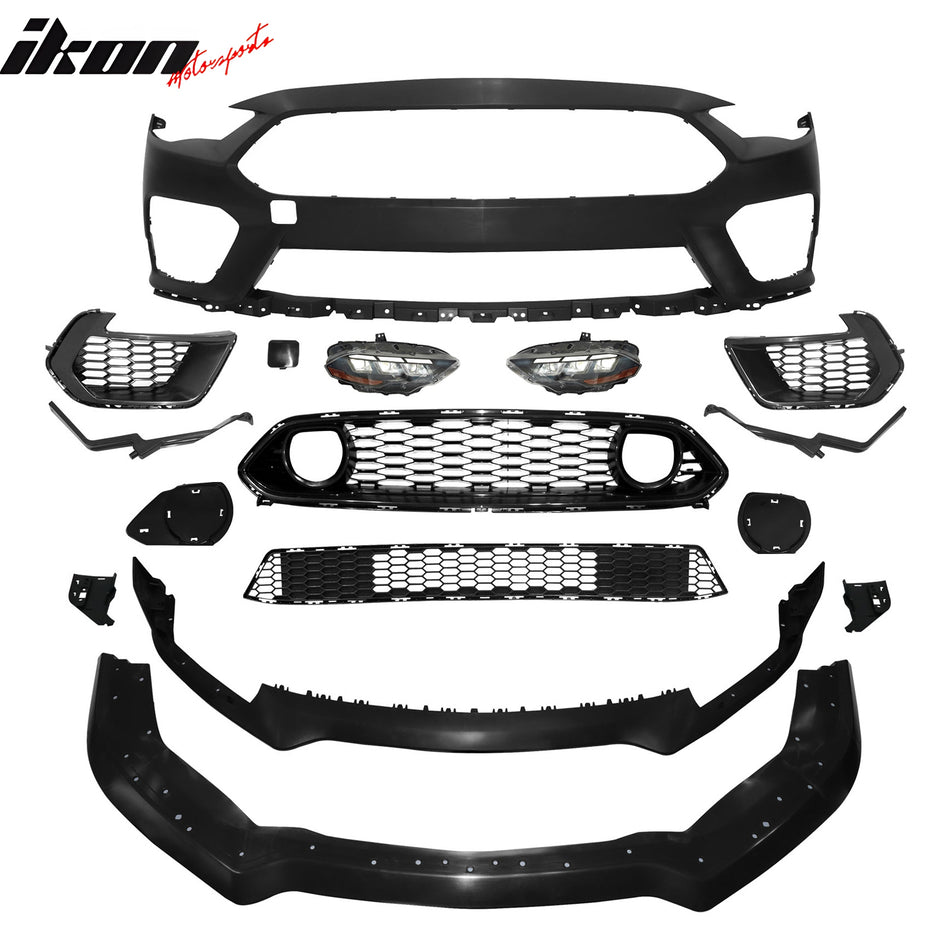 IKON MOTORSPORTS, Front Bumper Cover Compatible With 2018-2023 Ford Mustang, Unpainted Black PP 2021 Mach 1 Style Bumper Conversion Replacement Handling Package Lip 2024 Style Light Headlights