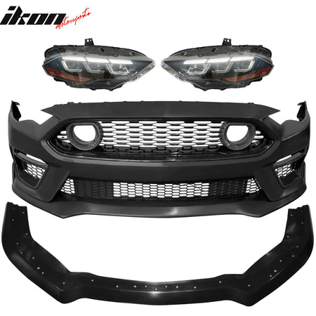 IKON MOTORSPORTS, Front Bumper Cover Compatible With 2018-2023 Ford Mustang, Unpainted PP 2021 Mach 1 Style Bumper Conversion Replacement W/ Handling Package Lip + Light Grille 2024 LED Headlights