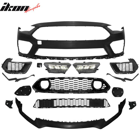 IKON MOTORSPORTS Front Bumper Cover, Compatible with 2018-2023 Ford Mustang, 2021 Mach 1 Unpainted PP Front Bumper Conversion W/ Grille Replacement Bodykit + 2024 Style Switchback Headlights