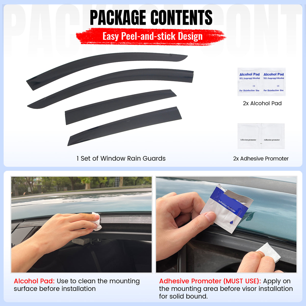 Fits 18-23 Hyundai Kona & Kona Electric Low Profile Style Tape-on Window Visors