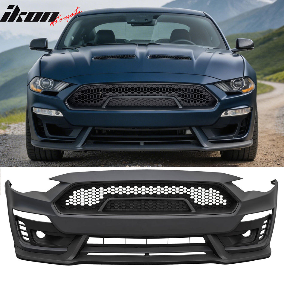 2018-2023 Ford Mustang Shelby Super Snake Style Front Bumper Cover Unpainted Black PP Conversion with Fog Light Cover, Lip and Matte Black Grille