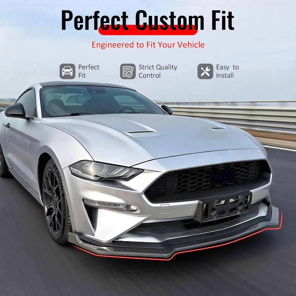 IKON MOTORSPORTS Front Bumper Lip Splitters, Compatible with 2018-2023 Ford Mustang Ecoboost & GT, IKON Style Carbon Fiber Print ABS Plastic Air Dam Chin Spoiler Protector Splitter 3PCS