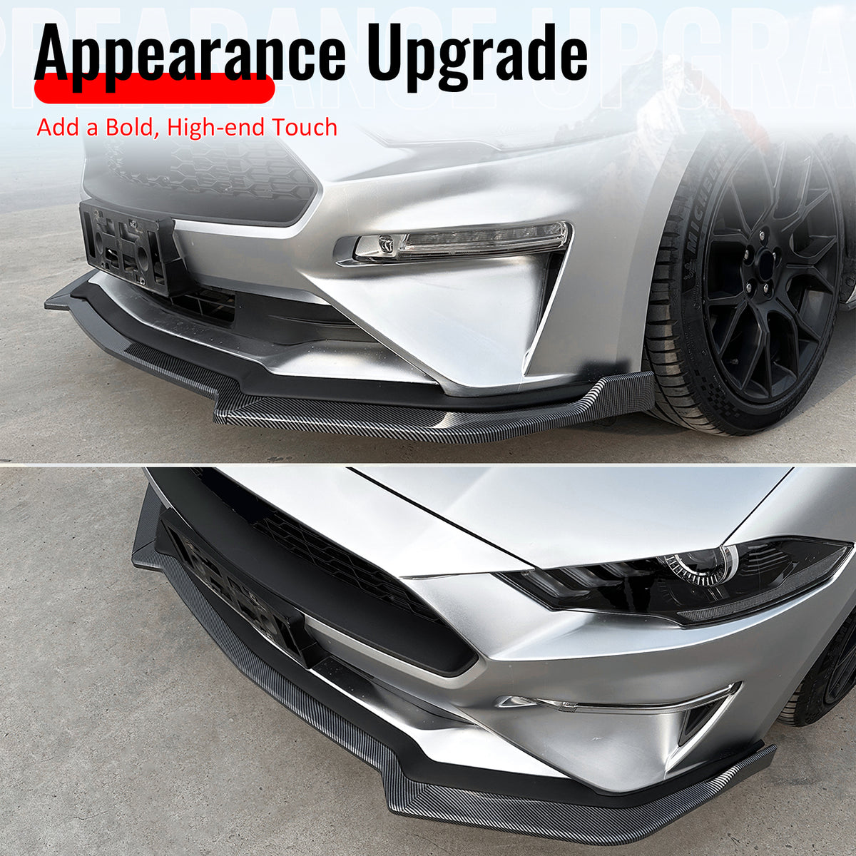 Fits 18-23 Ford Mustang Ecoboost/GT IKON Front Bumper Lip Carbon Fiber Print 3PC