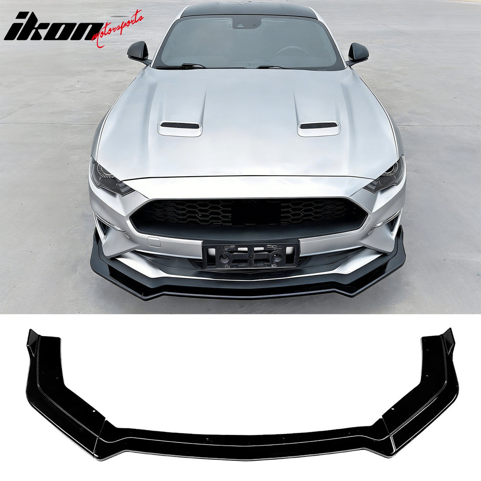 2018-2023 Ford Mustang Ecoboost & GT 3PCS Front Lower Bumper Lip Air Dam Chin Spoiler Splitter IKON Style Painted Gloss Black ABS Plastic