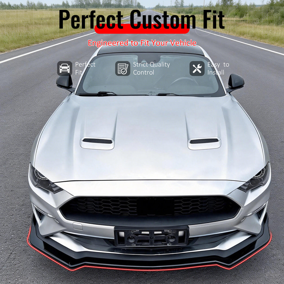 IKON MOTORSPORTS Front Bumper Lip Splitters, Compatible with 2018-2023 Ford Mustang Ecoboost & GT, IKON Style Gloss Black ABS Plastic Air Dam Chin Spoiler Protector Splitter 3PCS