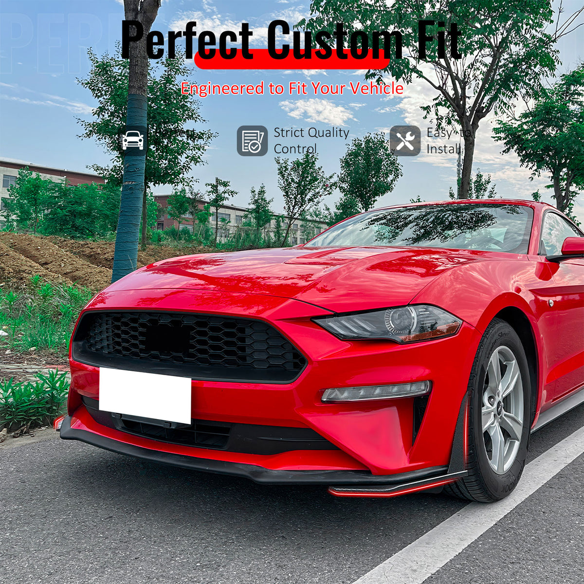 IKON MOTORSPORTS Front Bumper Corner Winglets, Compatible with 2018-2023 Ford Mustang Ecoboost & GT, GT500 Style Carbon Fiber Print ABS Plastic Air Dam Chin Spoiler Protector Splitter 2PCS