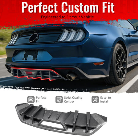 IKON MOTORSPORTS Rear Diffuser, Compatible with 2018-2023 Ford Mustang Ecoboost & Ecoboost Premium, IKON Style Carbon Fiber Print PP Shark Fin Rear Bumper Valance Spoiler, Air Dam Chin Splitter Molding