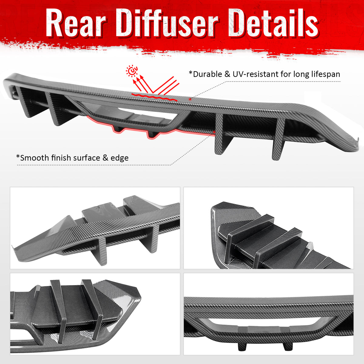 Fits 18-23 Ford Mustang Ecoboost IKON Rear Bumper Diffuser PP Carbon Fiber Print