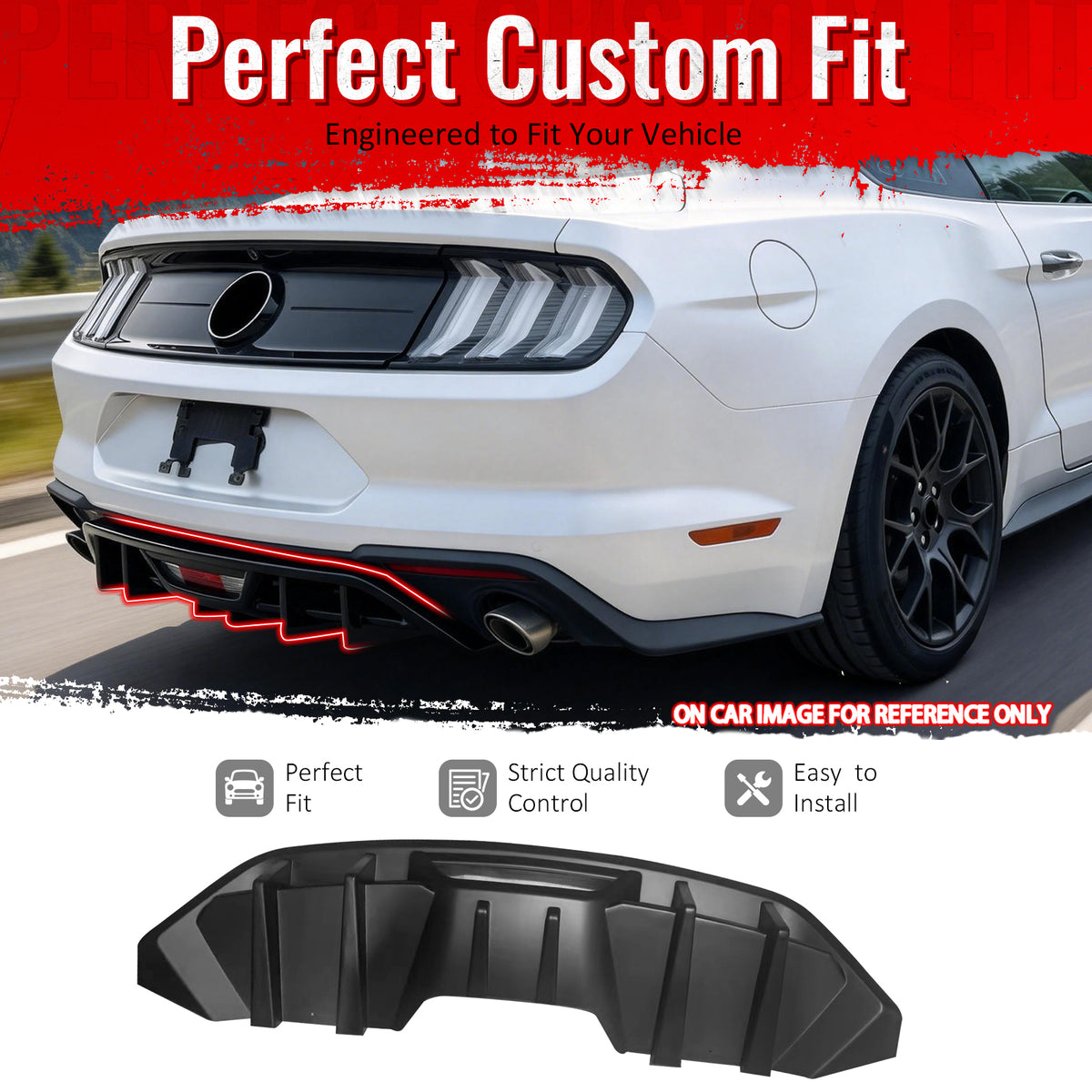 IKON MOTORSPORTS Rear Diffuser, Compatible with 2018-2023 Ford Mustang Ecoboost & Ecoboost Premium, IKON Style Matte Black PP Shark Fin Rear Bumper Valance Spoiler, Air Dam Chin Splitter Molding