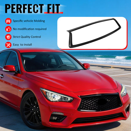 IKON MOTORSPORTS Front Upper Grille Frame, Compatible with 2018-2024 Infiniti Q50, OE Style Carbon Fiber Print ABS Replacement Front Bumper Hood Grill Outline Cover Trim