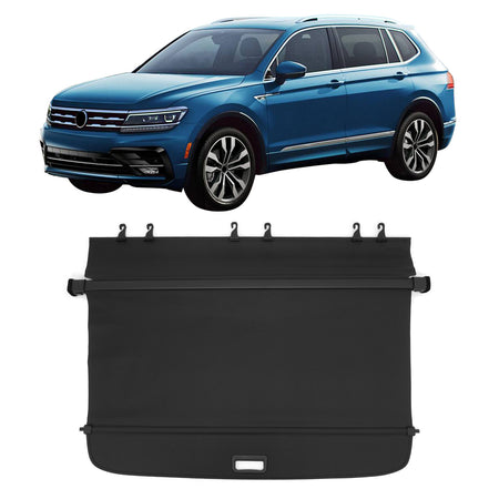 IKON MOTORSPORTS, Rear Retractable Cargo Cover, Compatible with 2018-2024 Volkswagen Tiguan, ABS Aluminum Vinyl Trunk Security Luggage Shield Shade, Carbon Fiber Texture