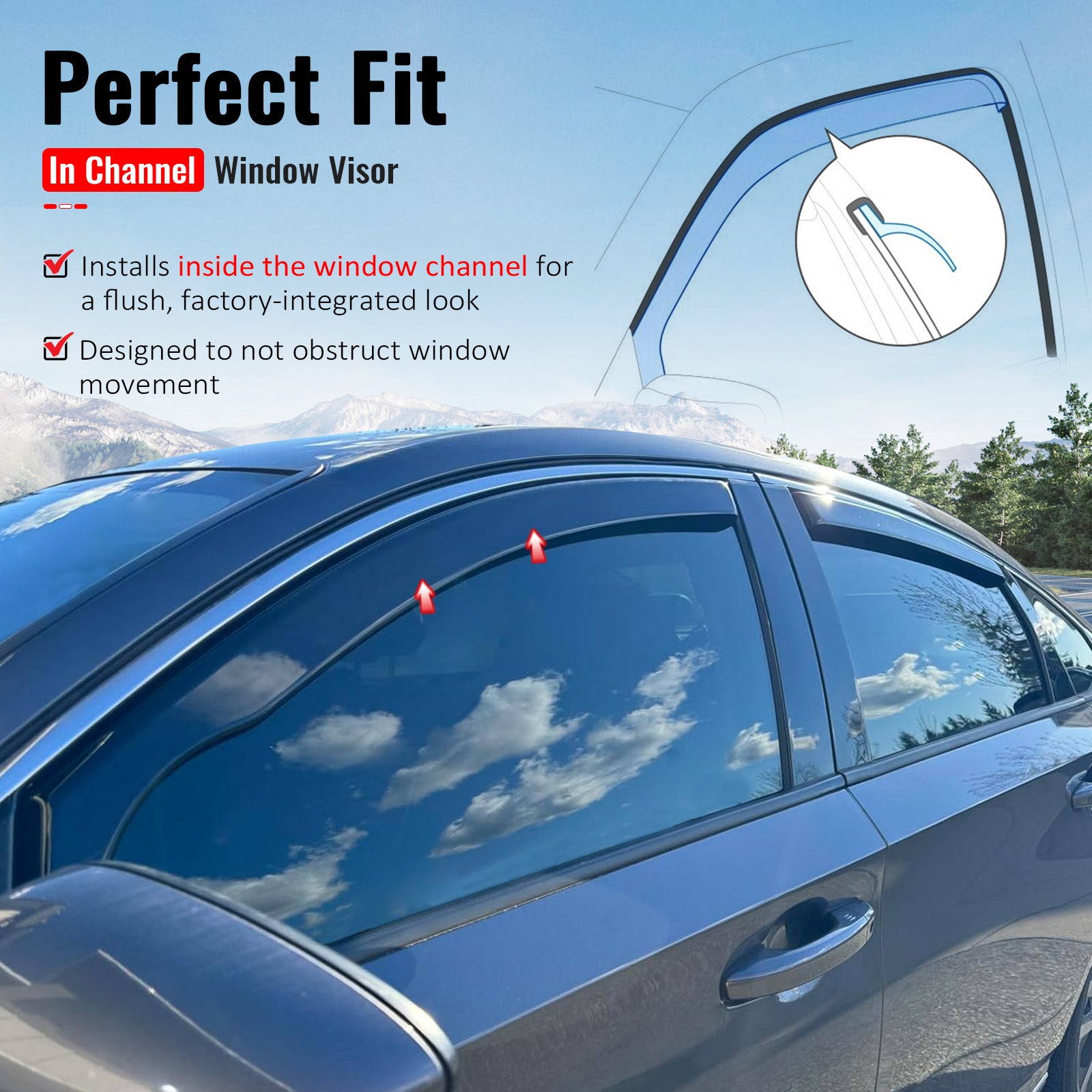 IKON MOTORSPORTS In Channel Window Visors Compatible with 2018-2026 Honda Accord Sedan 4-Door, In Channel Style Injection PC Black Rain Guards, Side Window Wind Deflectors 4PCS