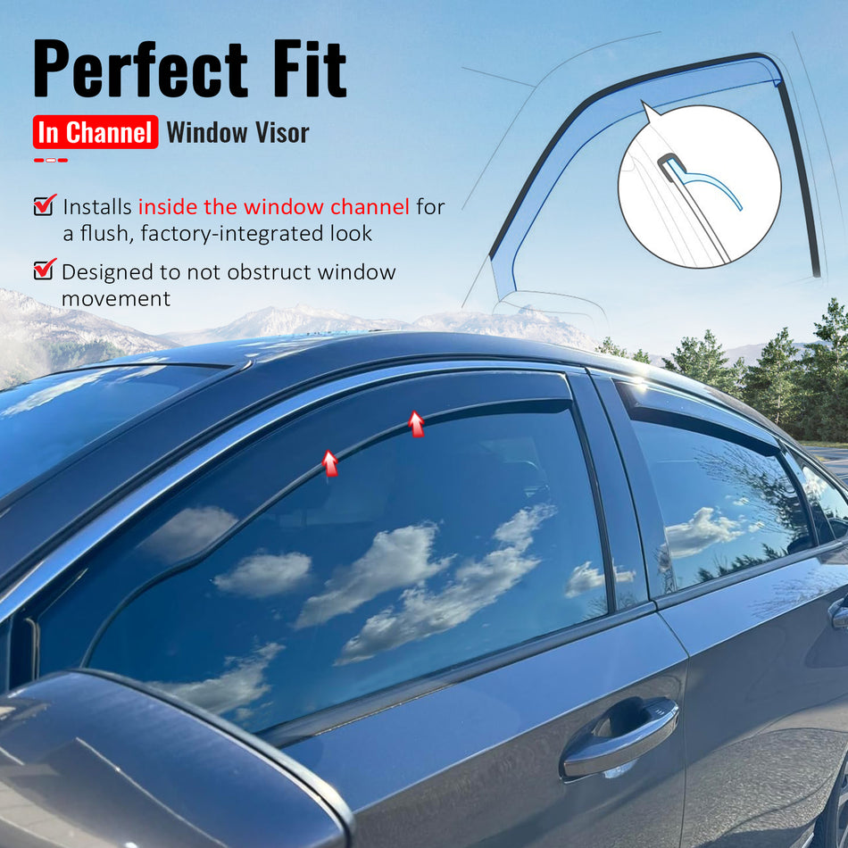 IKON MOTORSPORTS In Channel Window Visors Compatible with 2018-2025 Honda Accord Sedan 4-Door, In Channel Style Injection PC Black Rain Guards, Side Window Wind Deflectors 4PCS