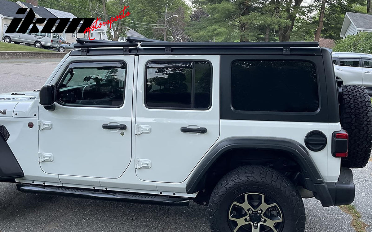 IKON MOTORSPORTS In Channel Window Visors Compatible with 2018-2025 Jeep Wrangler JL Unlimited 4Dr, 2020-2025 Jeep Gladiator, Slim Style Acrylic Smoke Rain Guards, Side Window Wind Deflectors 4PCS