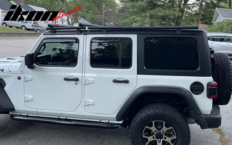 IKON MOTORSPORTS In Channel Window Visors Compatible with 2018-2025 Jeep Wrangler JL Unlimited 4Dr, 2020-2025 Jeep Gladiator, Slim Style Acrylic Smoke Rain Guards, Side Window Wind Deflectors 4PCS