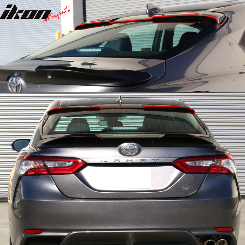 IKON MOTORSPORTS Roof Spoiler, Compatible With 2018-2026 Toyota Camry, V2 Style Gloss Black & Red lip ABS Top Roofline Windshield Visor Spoiler Wing