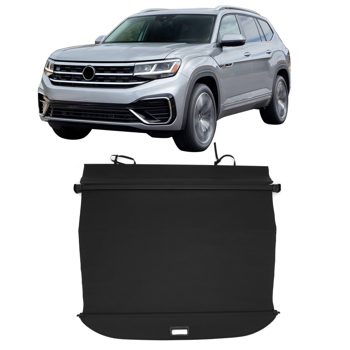 IKON MOTORSPORTS, Rear Retractable Cargo Cover, Compatible with 2018-2026 Volkswagen Atlas (Not Fit Atlas Cross Sport), ABS Aluminum Vinyl Trunk Security Luggage Shield Shade, Carbon Fiber Texture