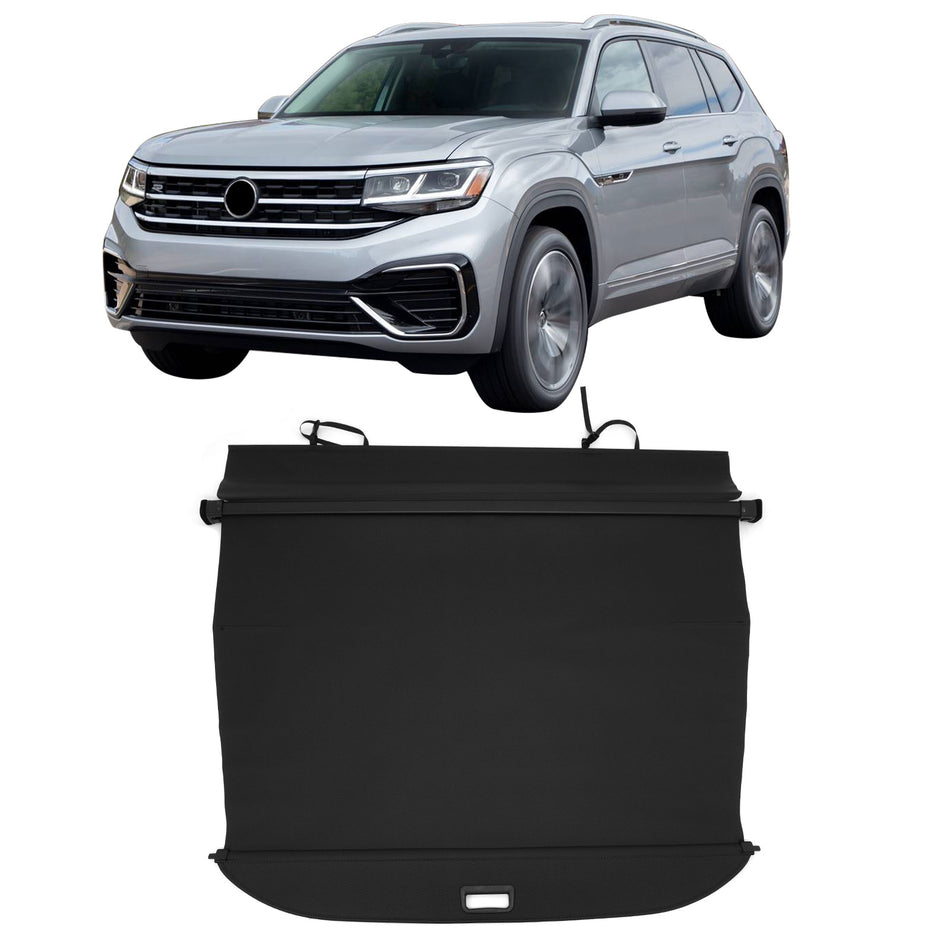 IKON MOTORSPORTS, Rear Retractable Cargo Cover, Compatible with 2018-2026 Volkswagen Atlas (Not Fit Atlas Cross Sport), ABS Aluminum Vinyl Trunk Security Luggage Shield Shade, Carbon Fiber Texture