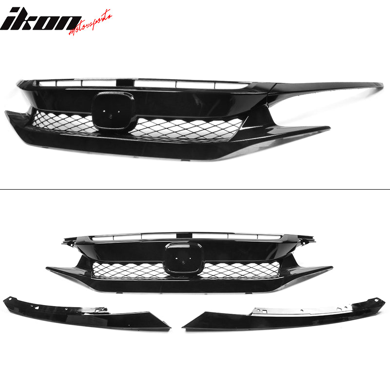 Fits 19-21 Honda Civic T-R Style Gloss Black Front Grille W/ 2PC Eyebrows