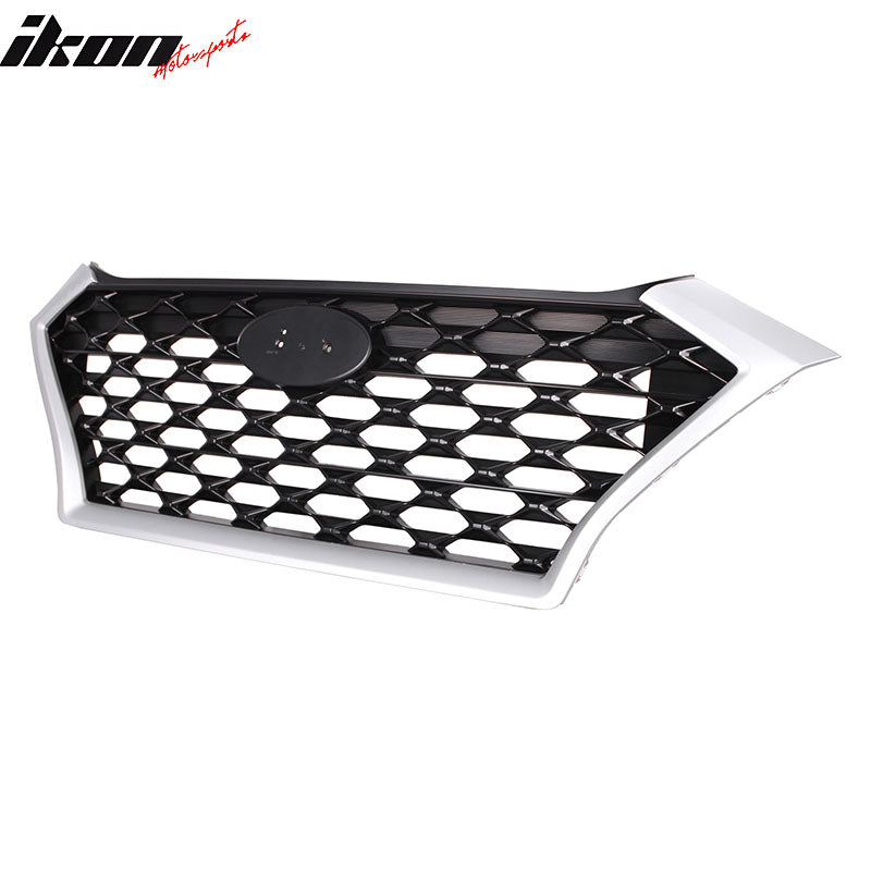 IKON MOTORSPORTS Front Upper Grille, Compatible with 2019-2021 Hyundai Tucson, OE Style Black Silver ABS Replacement Front Bumper Hood Grill