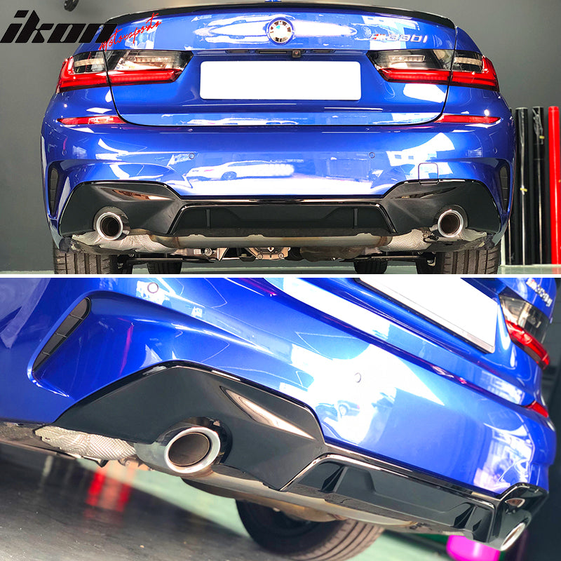 IKON MOTORSPORTS Rear Diffuser, Compatible With 2019-2022 BMW G20 330i 3 Series M-Tech M Sport Only, Gloss Black PP Polypropylene Dual Single Exhaust Rear Bumper Lip