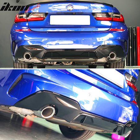 IKON MOTORSPORTS Rear Diffuser, Compatible With 2019-2022 BMW G20 330i 3 Series M-Tech M Sport Only, Gloss Black PP Polypropylene Dual Single Exhaust Rear Bumper Lip