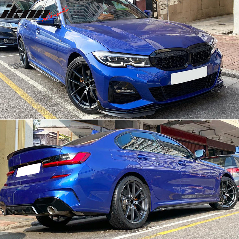 IKON MOTORSPORTS, Side Skirts + Rocker Panel Compatible with 2019-2026 BMW 3 Series G20, M-Performance Style Gloss Black Splitter Side Extension Underbody Spoiler