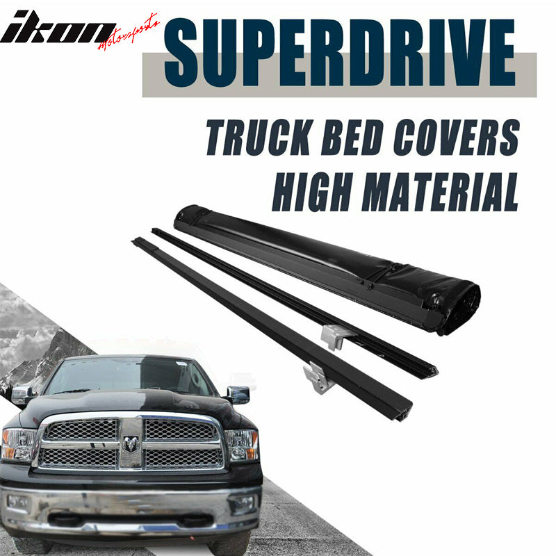 IKON MOTORSPORTS, Tonneau Cover Compatible With 2019-2025 Dodge Ram 1500 6.4ft Bed, Roll and Lock Soft Style Double sided 24 oz vinyl Aluminum Black