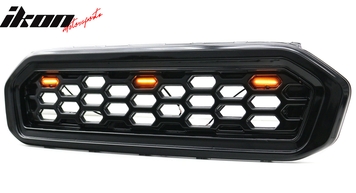 IKON MOTORSPORTS Front Upper Grille, Compatible with 2019-2023 Ford Ranger XL/XLT/Lariat, Black Replacement Front Bumper Hood Grill w/ LED DRL Smoke Lens