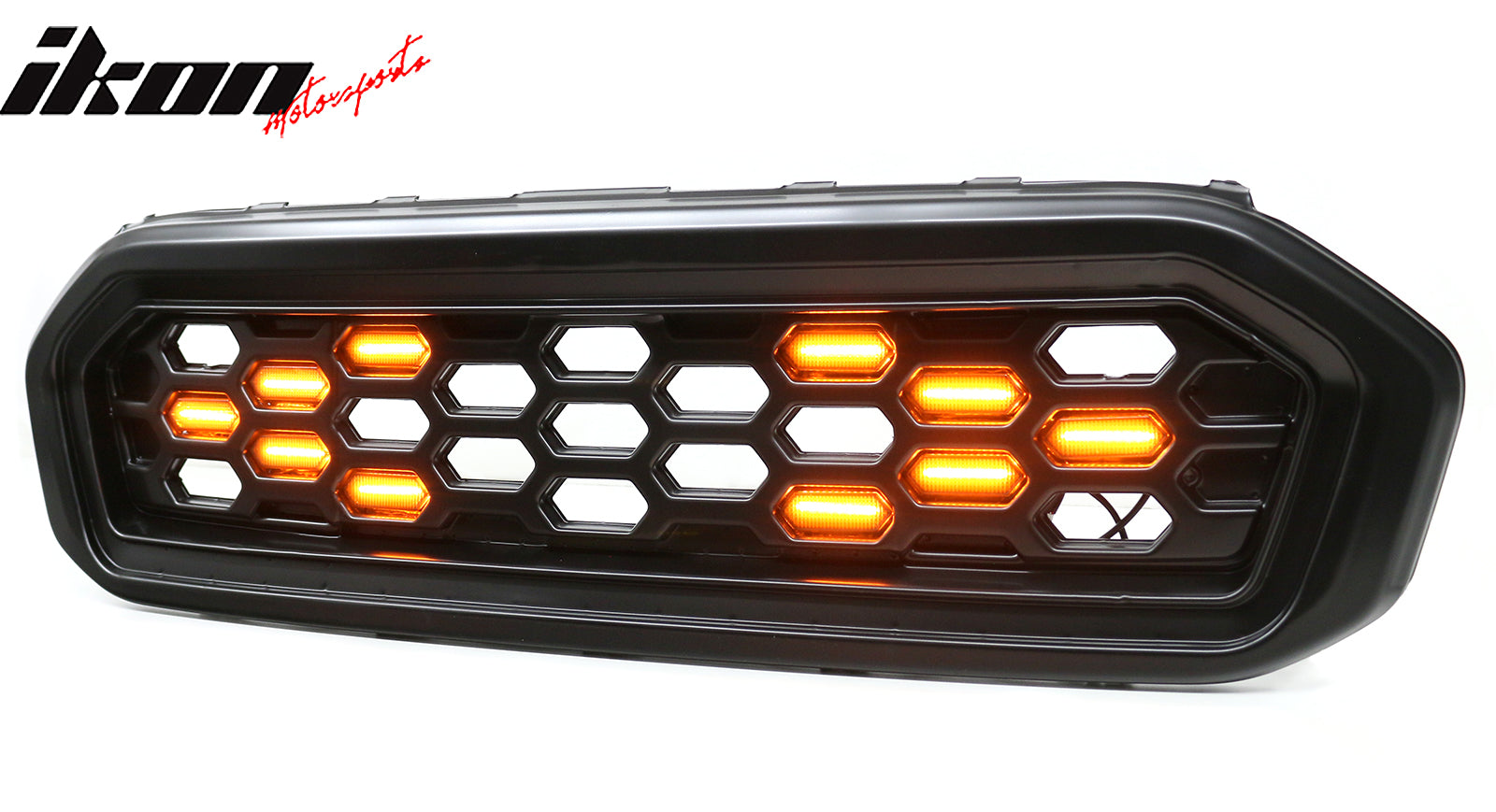 IKON MOTORSPORTS Front Upper Grille, Compatible with 2019-2023 Ford Ranger XL/XLT/Lariat, Black Replacement Front Bumper Hood Grill w/ LED DRL Smoke Lens Arrow Signal