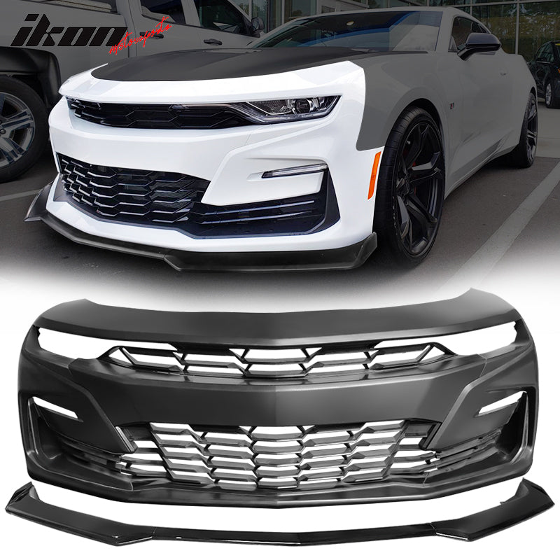 For 19-24 Camaro SS Style PP Front Bumper Cover Conversion DRL + Gloss Black Lip