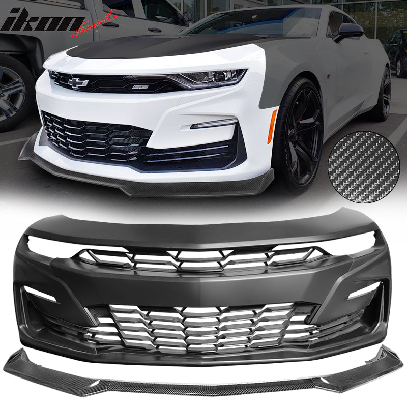 For 19-24 Camaro SS PP Front Bumper + LED DRL Turn Signal Carbon Fiber Print Lip
