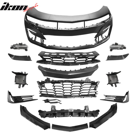 IKON MOTORSPORTS Front Bumper Cover, Compatible with 2019-2024 Camaro LS LT LT1, 19 SS Style Unpainted PP Replacement Bumper Conversion + Gloss Black Lip W/ Daytime Running Light DRL Foglights