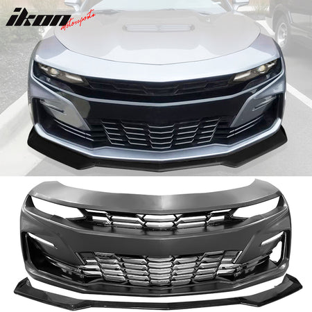 Fits 19-24 Camaro 19 SS Front Bumper Cover LED Turn Signal DRL + Gloss Black Lip