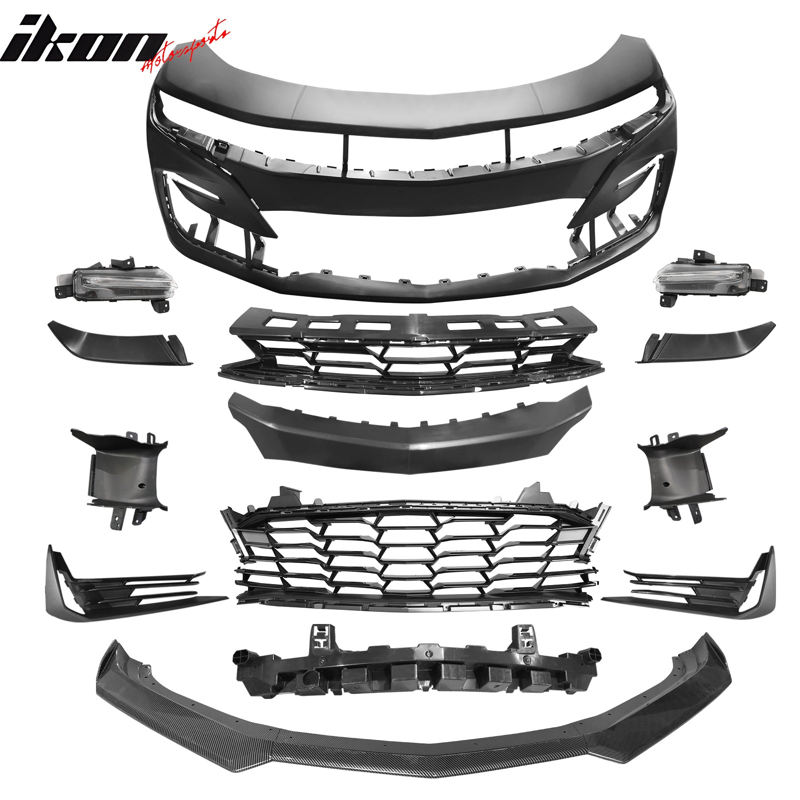 IKON MOTORSPORTS Front Bumper Cover, Compatible with 2019-2024 Chevy Camaro LS LT LT1, 19 SS PP Replacement Bumper Conversion + Carbon Fiber Print Lip W/ Turn Signal Daytime Running Light DRL Foglight