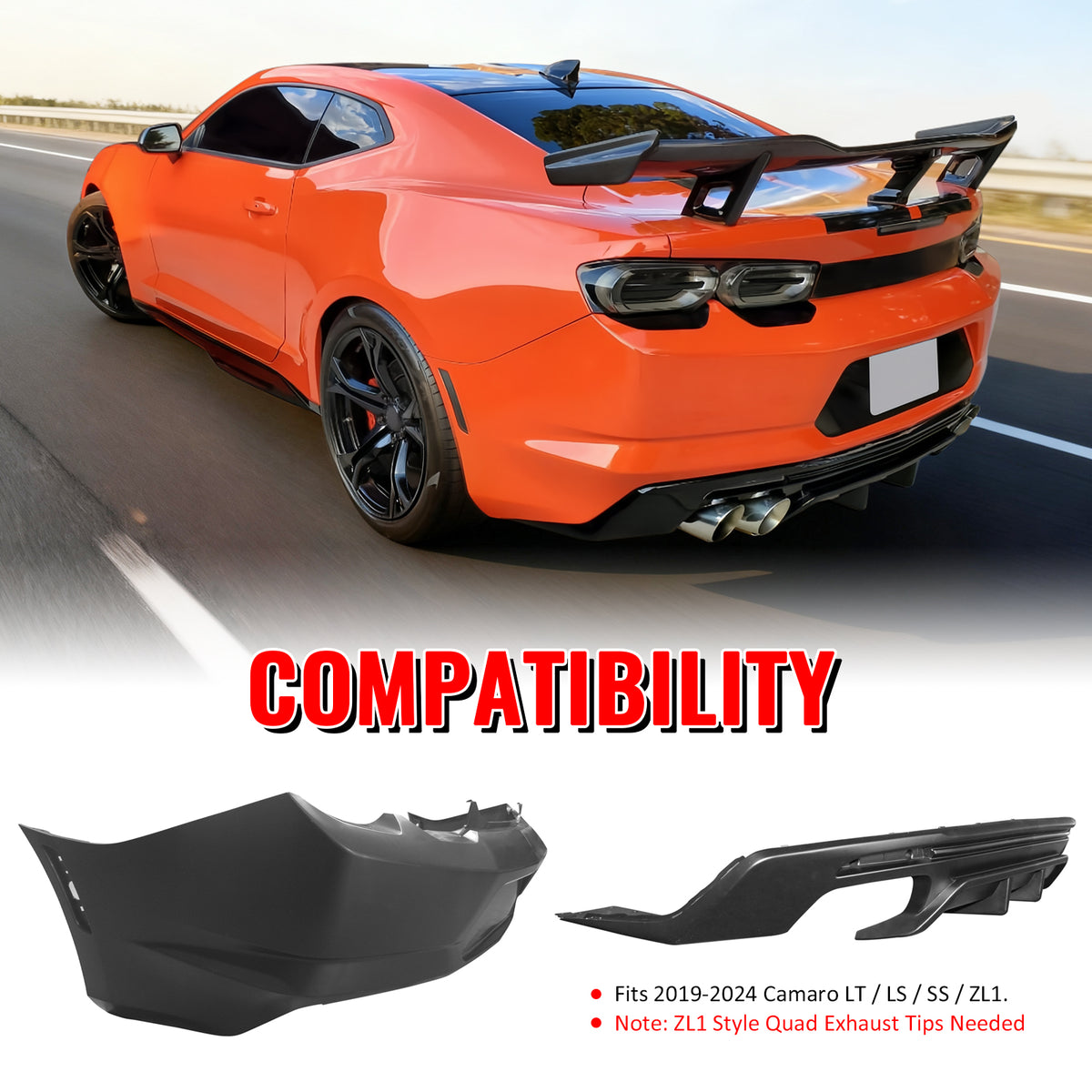Fits 19-24 Chevy Camaro LT/LS/SS/ZL1 OE Style Rear Bumper Cover & Matte Diffuser