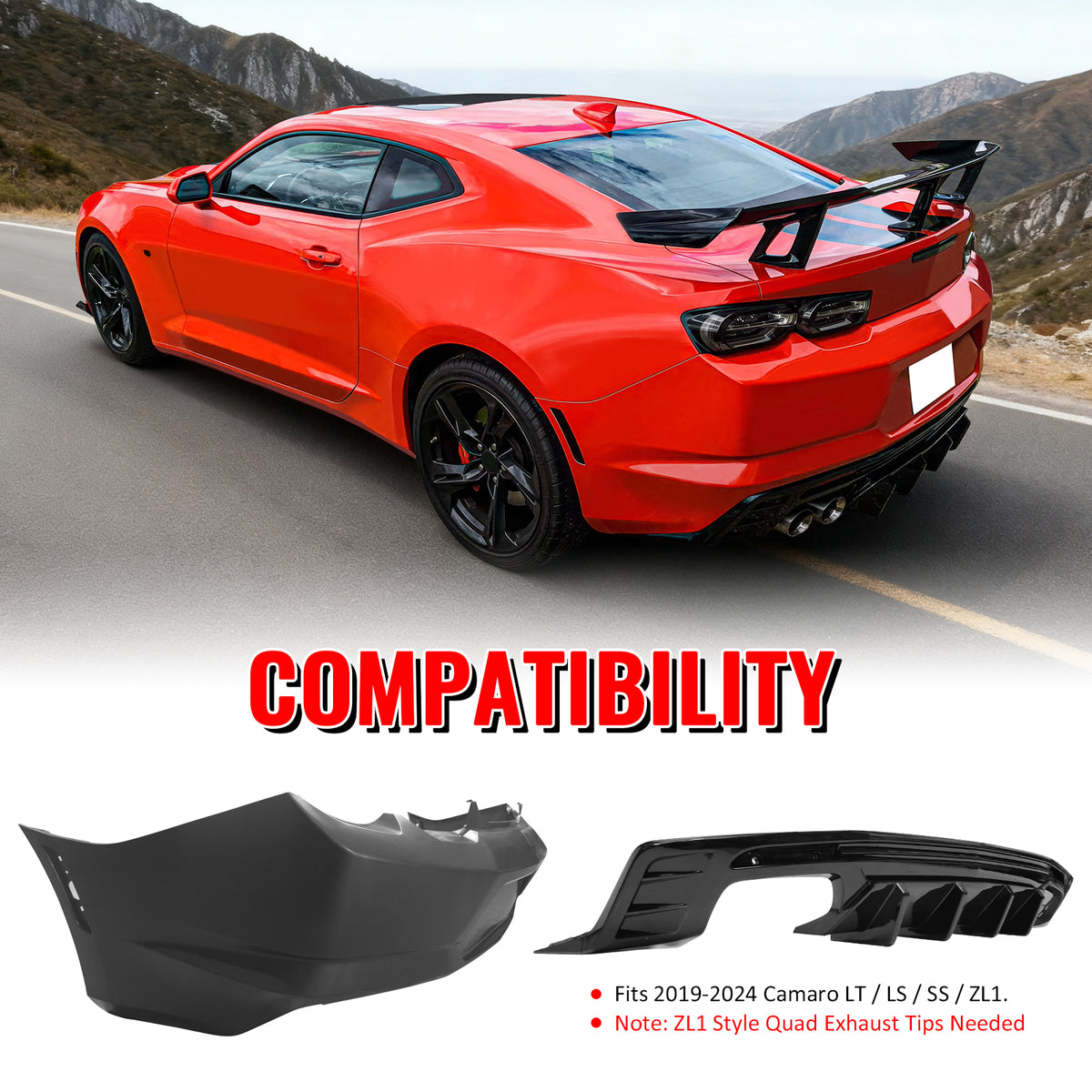 Fits 19-24 Chevy Camaro LT/LS/SS/ZL1 OE Rear Bumper Cover + IKON Gloss Diffuser