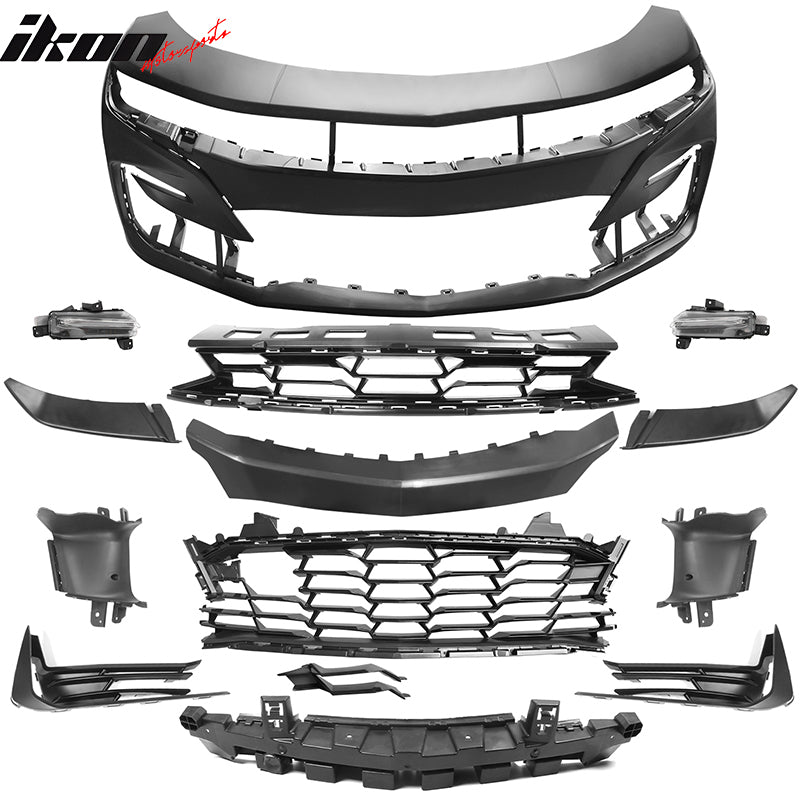 IKON MOTORSPORTS Front Bumper Cover, Compatible with 2019-2024 Camaro LS LT LT1, 19 SS Style Unpainted Black PP Bumper Conversion Bodykit W/ Turn Signal Daytime Running Light DRL Foglights