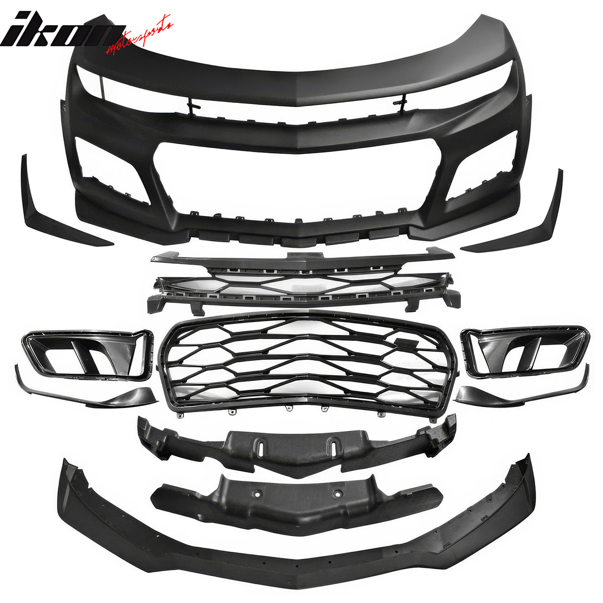 IKON MOTORSPORTS, Front Bumper Compatible With 2019-2024 Chevy Camaro RS SS 1SS 2SS W/Signature Headlights, Unpainted PP Bumper Cover Conversion Guard W/Lip Grille + ABS Canards Bodykit Replacement
