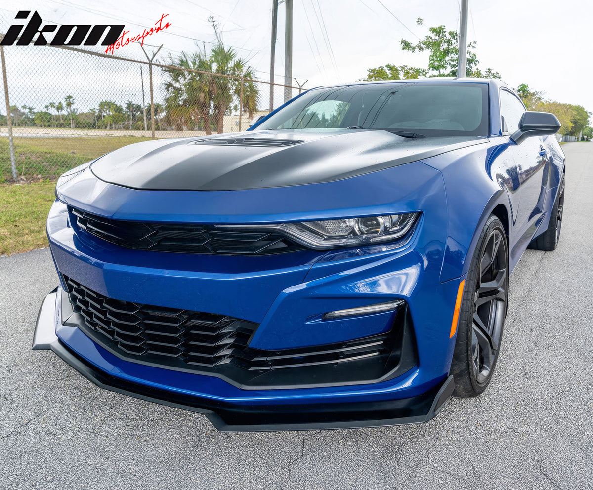 IKON MOTORSPORTS Front Bumper Cover, Compatible with 2019-2024 Chevy Camaro RS/SS, SS Style Unpainted PP Replacement Bumper Conversion W/ Daytime Running Light DRL Foglights + Matte Black Lip
